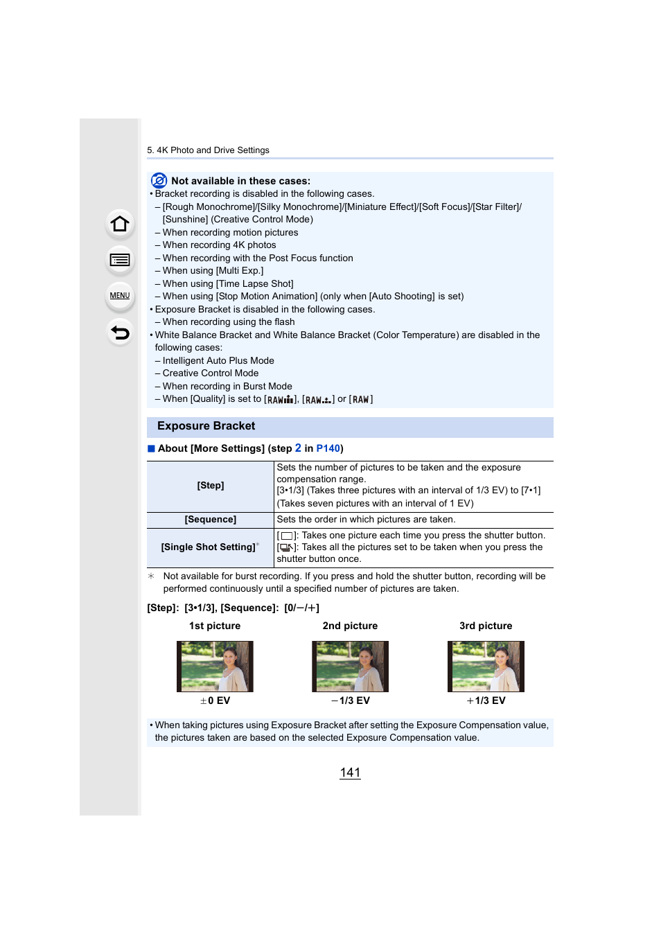 Exposure bracket, P141, P141) | Panasonic Lumix GH5S Mirrorless Camera User Manual | Page 141 / 372