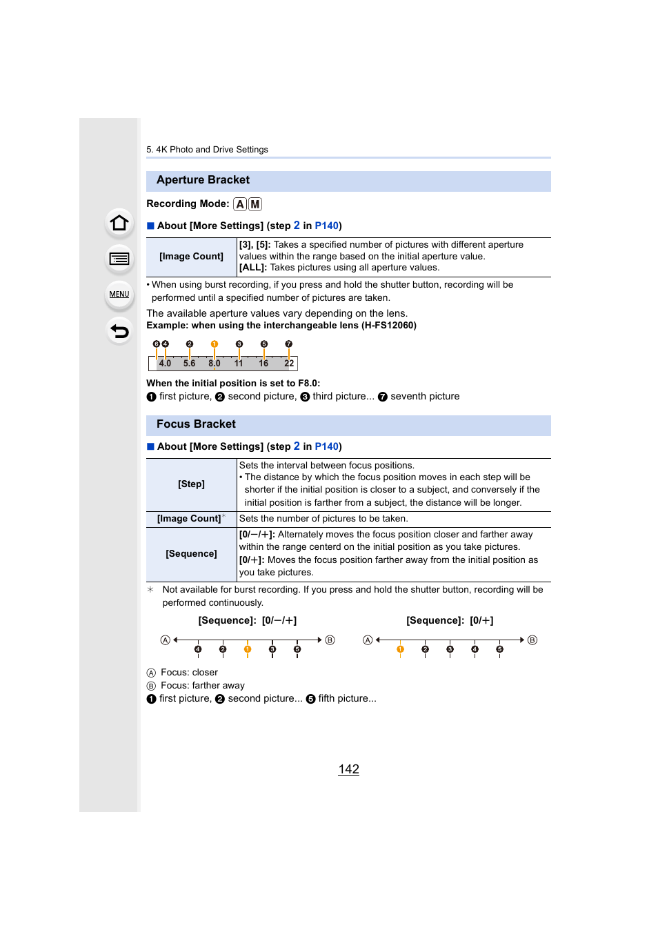 Aperture bracket, Focus bracket, Aperture bracket • focus bracket | P142, P142) | Panasonic Lumix GH5S Mirrorless Camera User Manual | Page 142 / 372