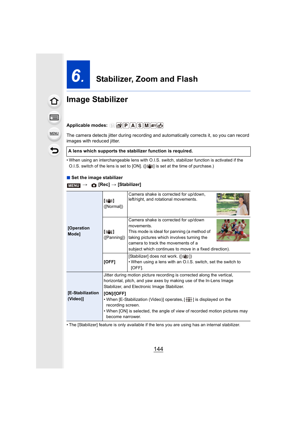 Stabilizer, zoom and flash, Image stabilizer, P144 | Stabilizer, zoom and flash image stabilizer | Panasonic Lumix GH5S Mirrorless Camera User Manual | Page 144 / 372