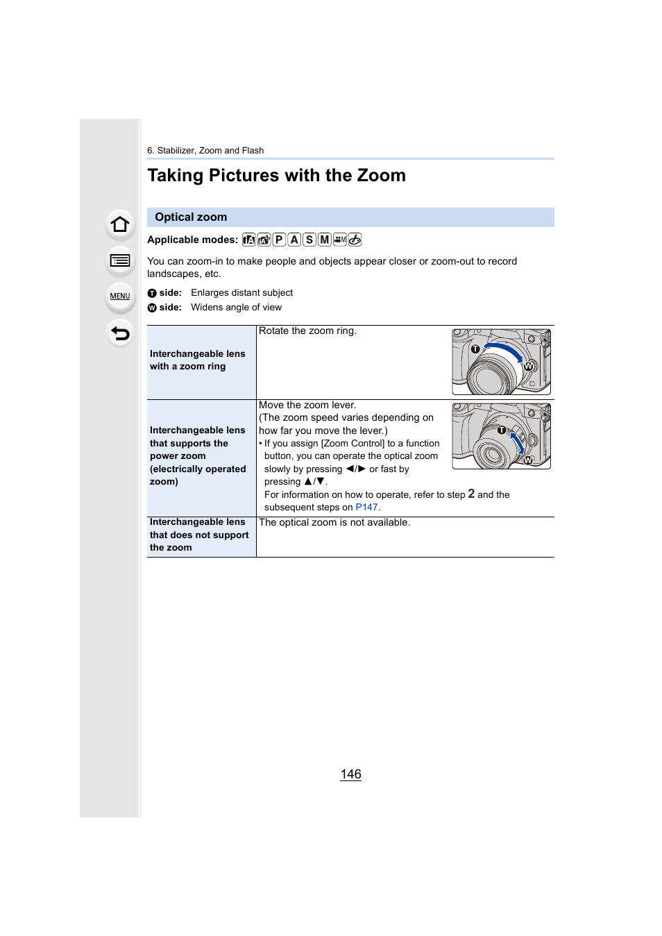 Taking pictures with the zoom, Optical zoom | Panasonic Lumix GH5S Mirrorless Camera User Manual | Page 146 / 372