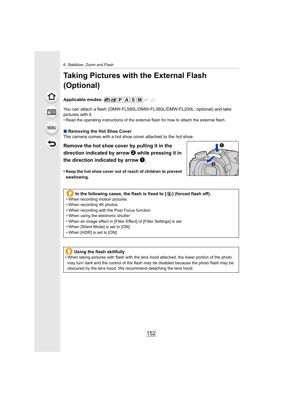 Taking pictures with the external flash (optional), T shoe (hot shoe cover), P152) | Panasonic Lumix GH5S Mirrorless Camera User Manual | Page 152 / 372