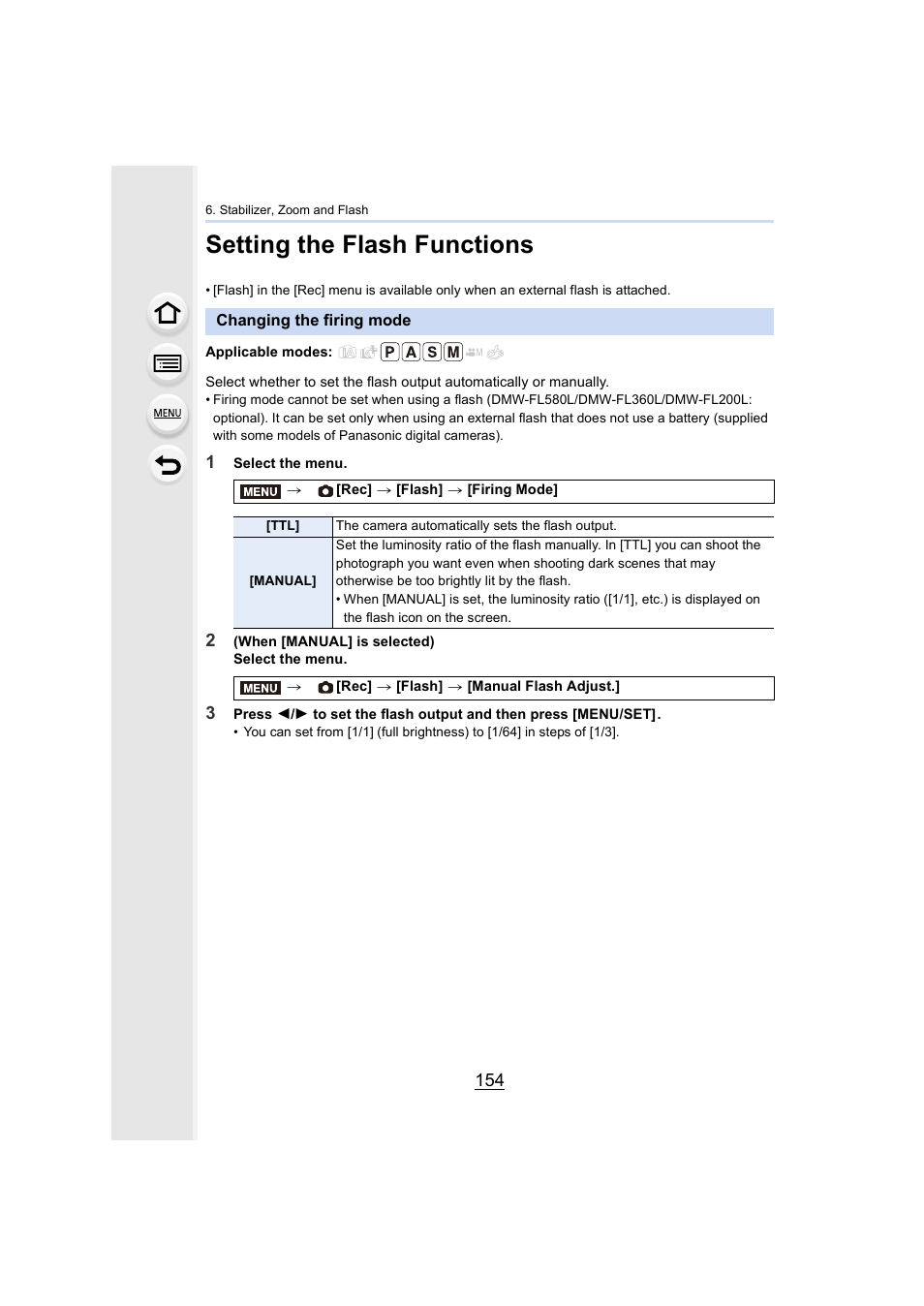 Setting the flash functions, Changing the firing mode | Panasonic Lumix GH5S Mirrorless Camera User Manual | Page 154 / 372