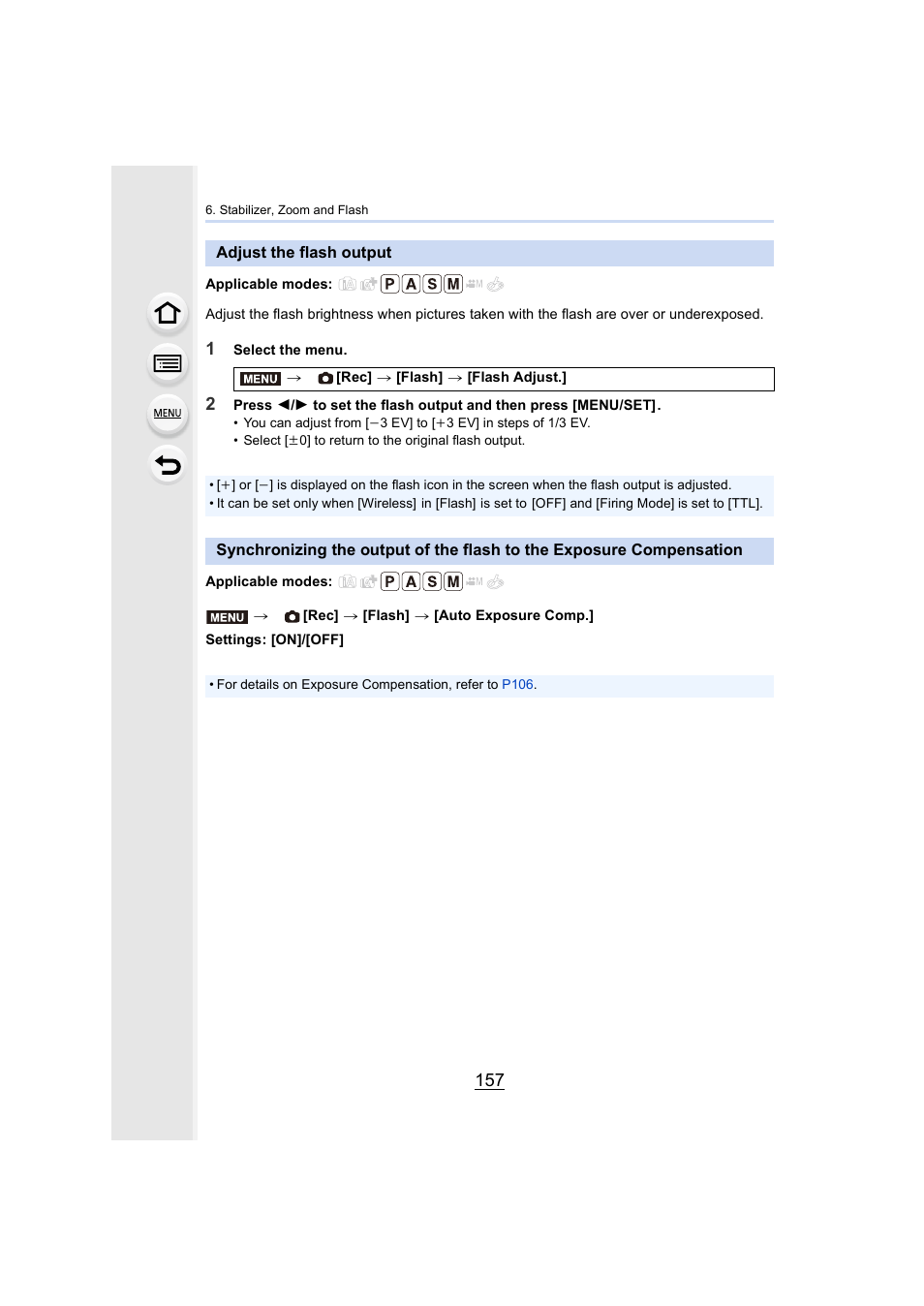 Adjust the flash output, P157, P157) | Panasonic Lumix GH5S Mirrorless Camera User Manual | Page 157 / 372