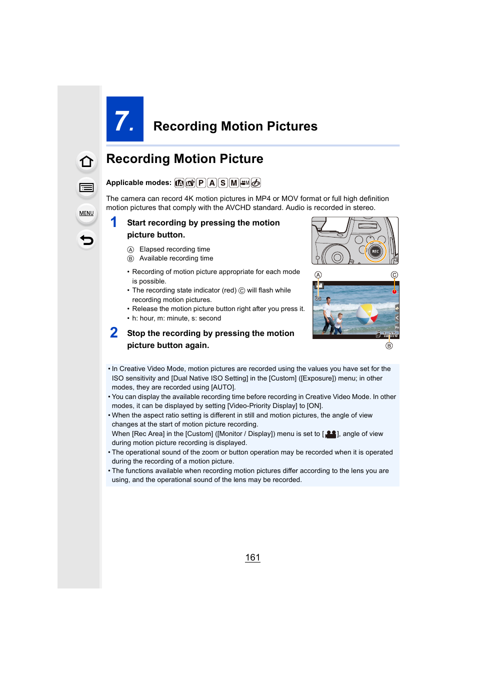 Recording motion pictures, Recording motion picture, Tion picture button | P161), Recording motion pictures recording motion picture | Panasonic Lumix GH5S Mirrorless Camera User Manual | Page 161 / 372