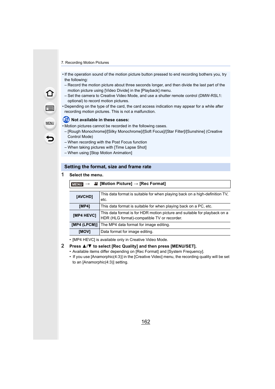 Setting the format, size and frame rate, P162 | Panasonic Lumix GH5S Mirrorless Camera User Manual | Page 162 / 372