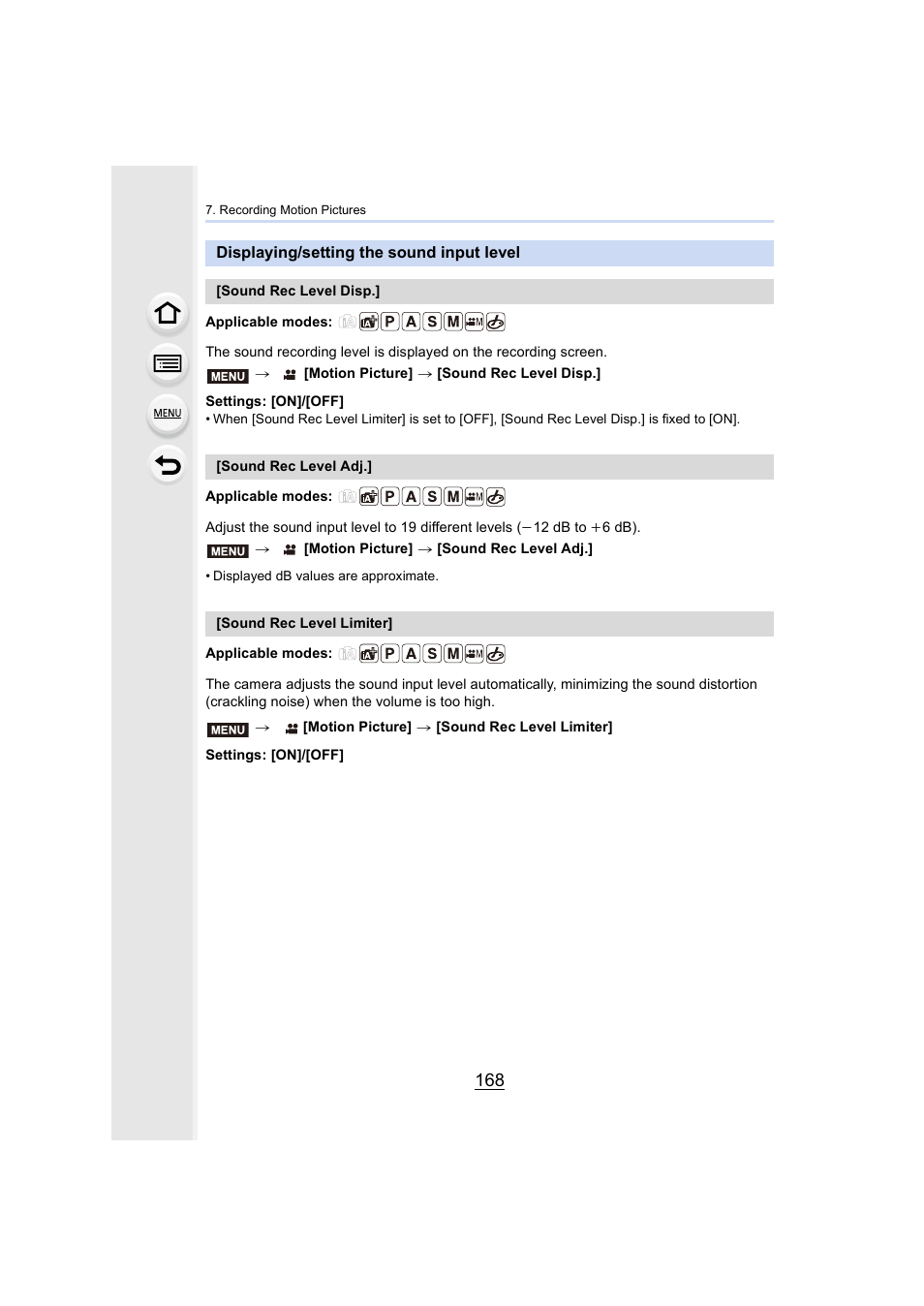 Displaying/setting the sound input level, P168, Tereo microphone | P168) | Panasonic Lumix GH5S Mirrorless Camera User Manual | Page 168 / 372