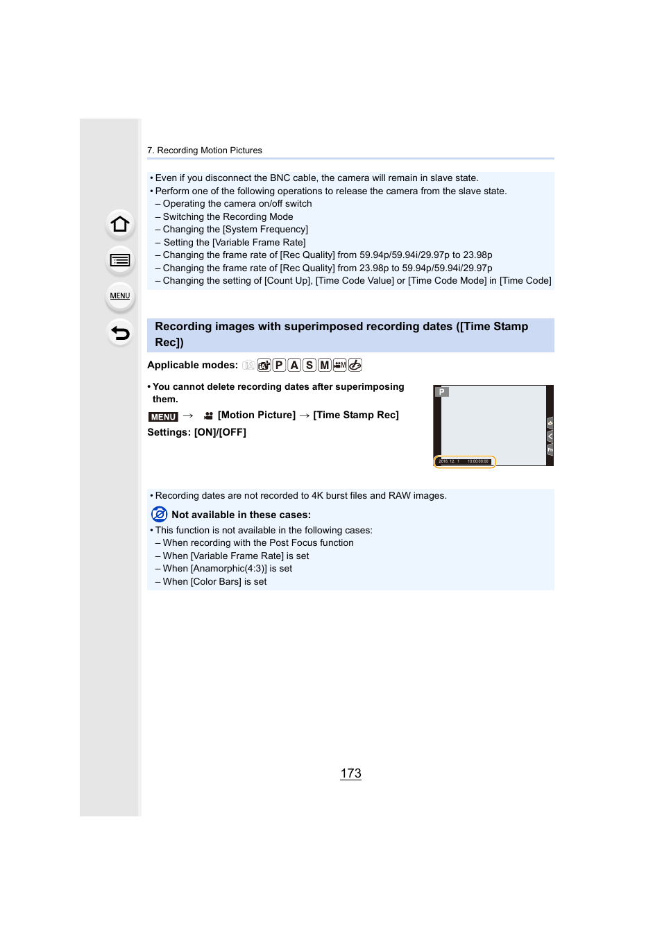 Recording images with superimposed recording dates, Time stamp rec]), P173 | Panasonic Lumix GH5S Mirrorless Camera User Manual | Page 173 / 372