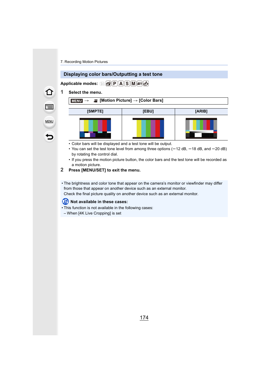 Displaying color bars/outputting a test tone, P174 | Panasonic Lumix GH5S Mirrorless Camera User Manual | Page 174 / 372