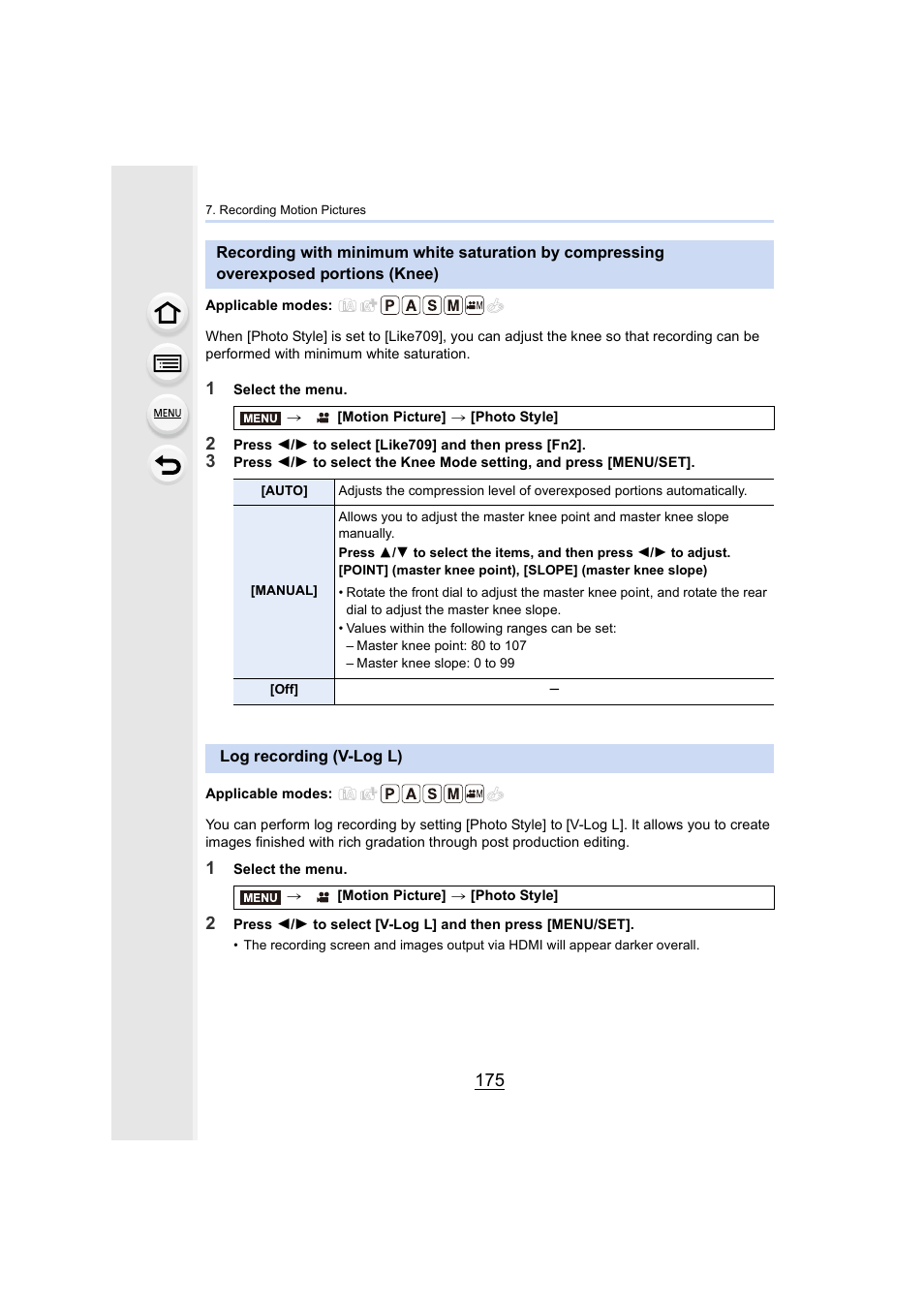 Log recording (v-log l), Portions (knee), P175 | Panasonic Lumix GH5S Mirrorless Camera User Manual | Page 175 / 372