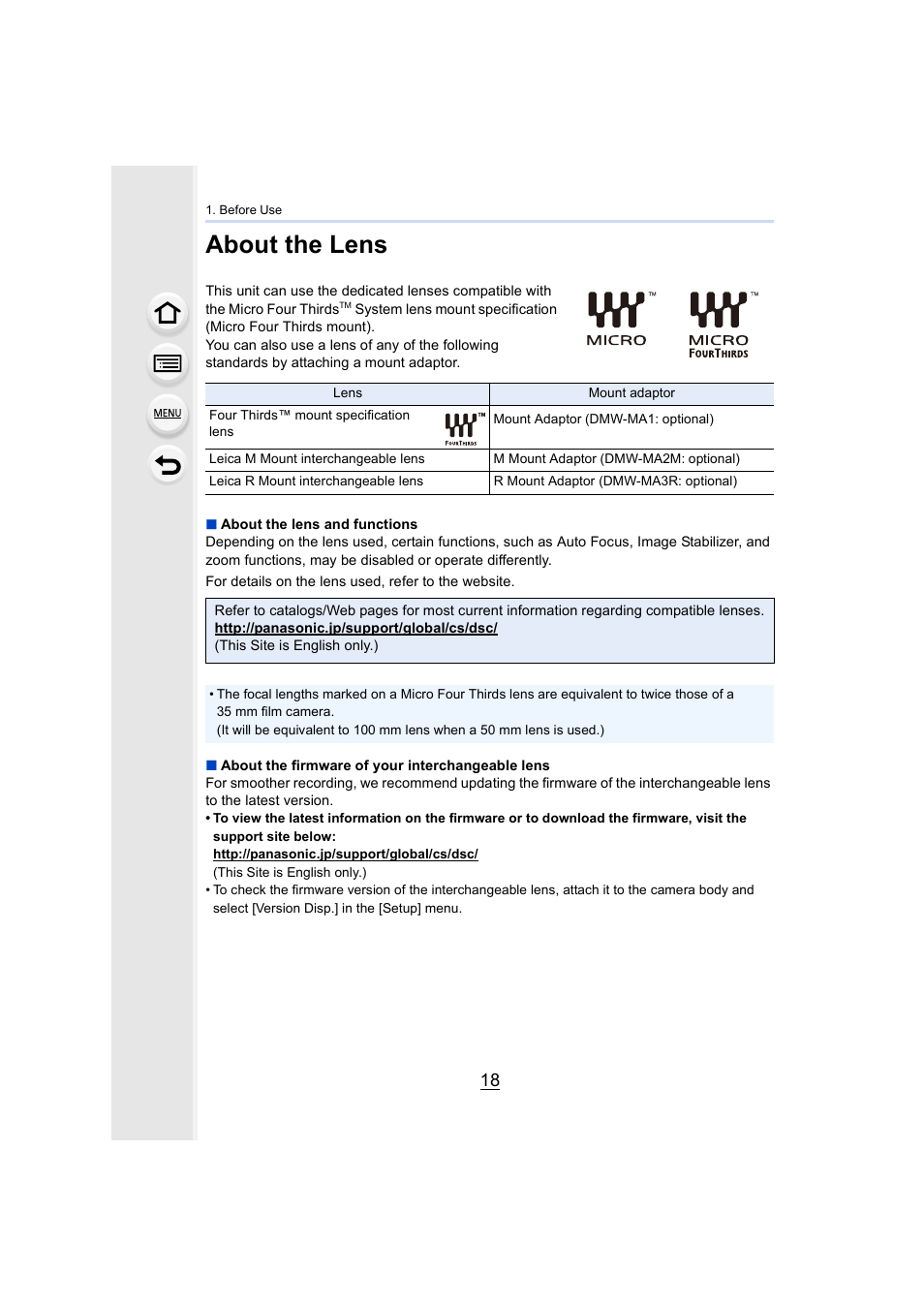 About the lens | Panasonic Lumix GH5S Mirrorless Camera User Manual | Page 18 / 372