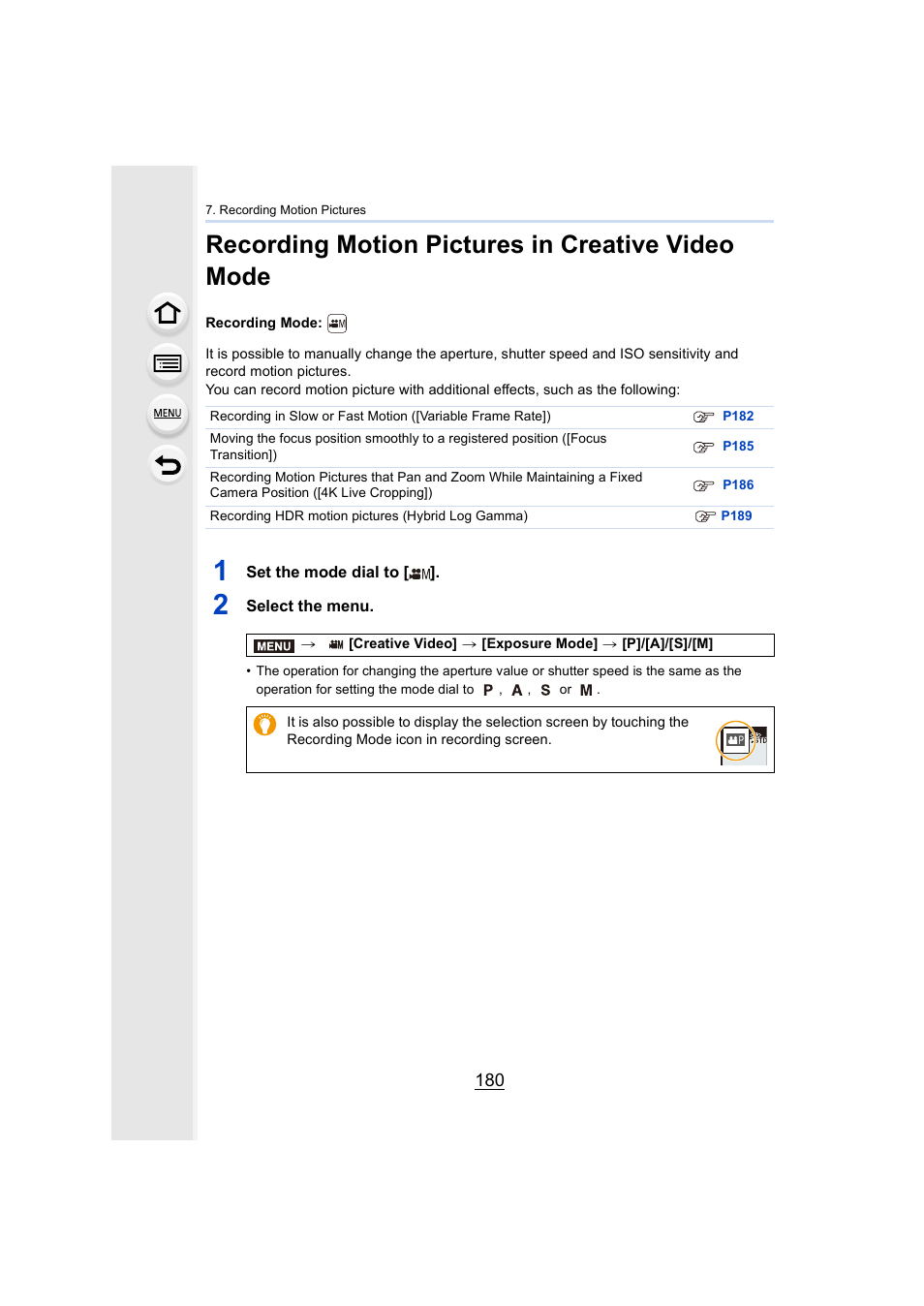 Recording motion pictures in creative video mode, P180) | Panasonic Lumix GH5S Mirrorless Camera User Manual | Page 180 / 372