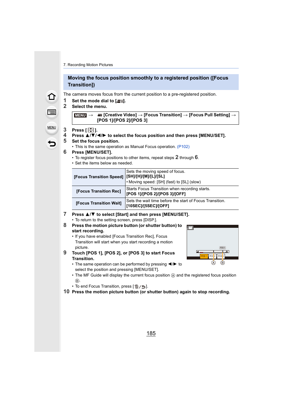 Focus transition]), P185 | Panasonic Lumix GH5S Mirrorless Camera User Manual | Page 185 / 372