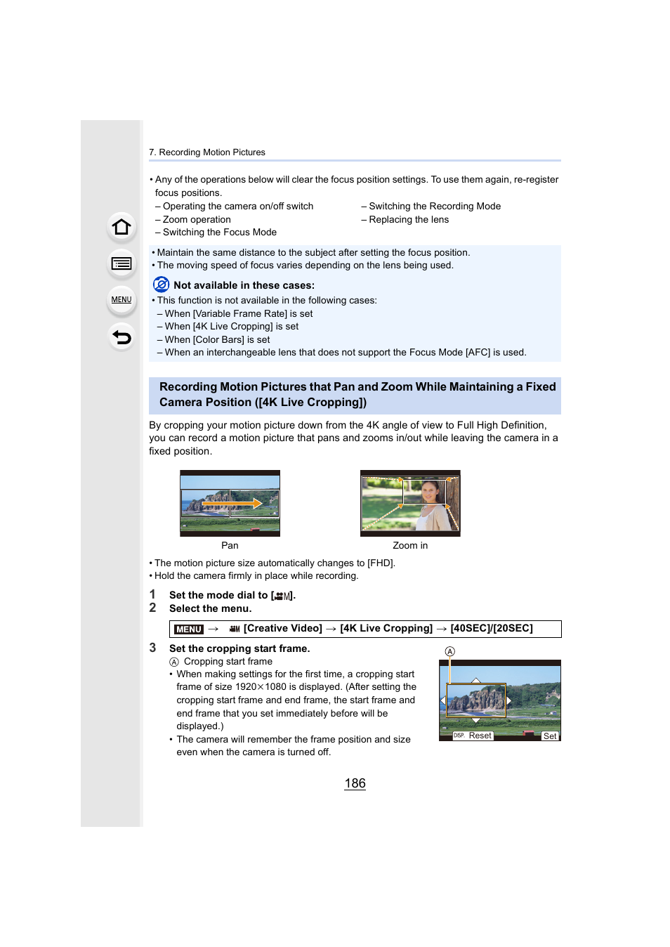 Camera position ([4k live cropping]), P186 | Panasonic Lumix GH5S Mirrorless Camera User Manual | Page 186 / 372