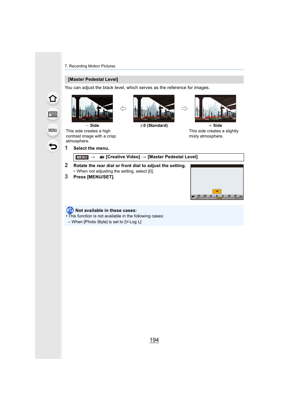 P194, Select the menu, Press [menu/set]. [master pedestal level | Panasonic Lumix GH5S Mirrorless Camera User Manual | Page 194 / 372