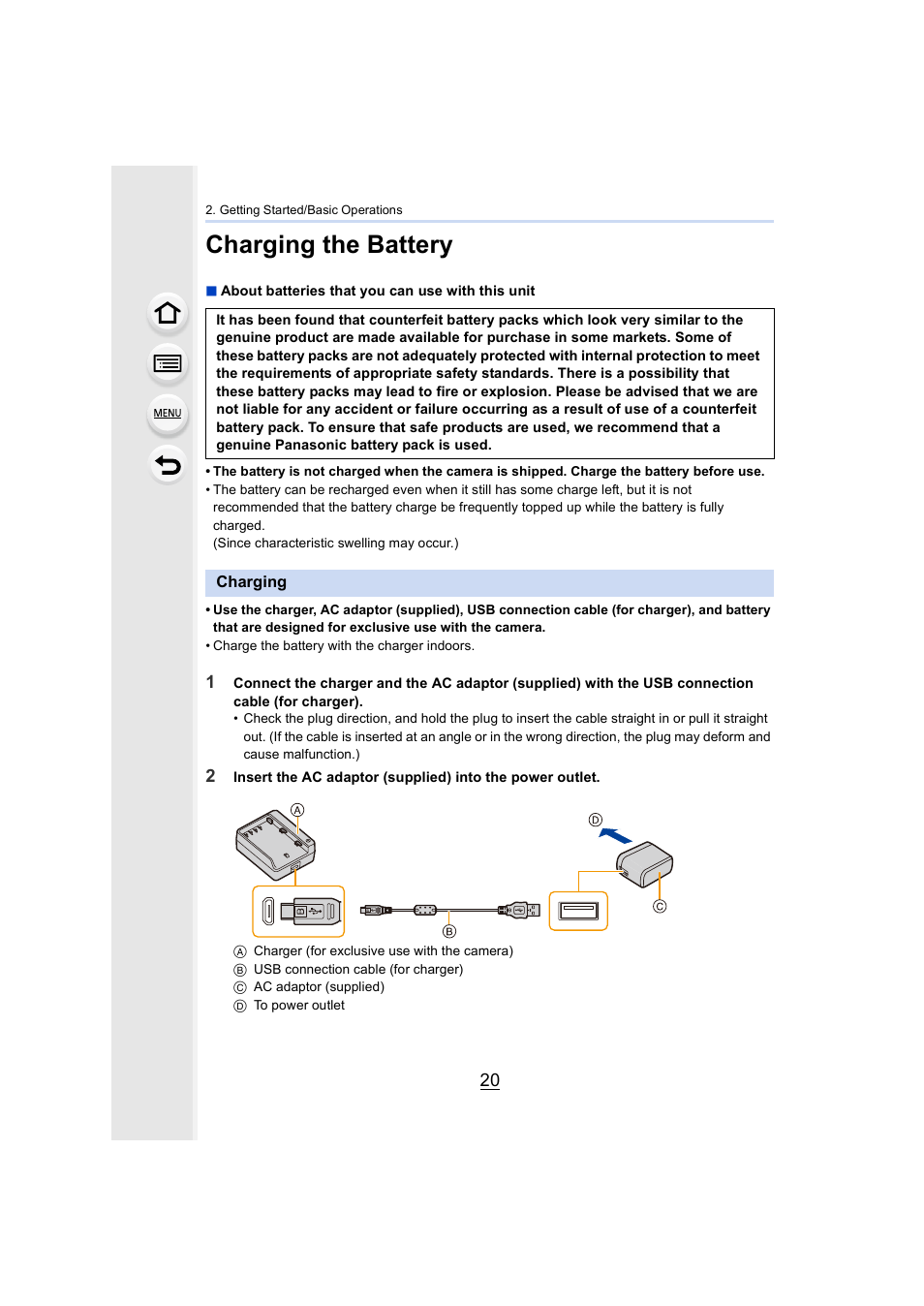 Charging the battery, Charging | Panasonic Lumix GH5S Mirrorless Camera User Manual | Page 20 / 372