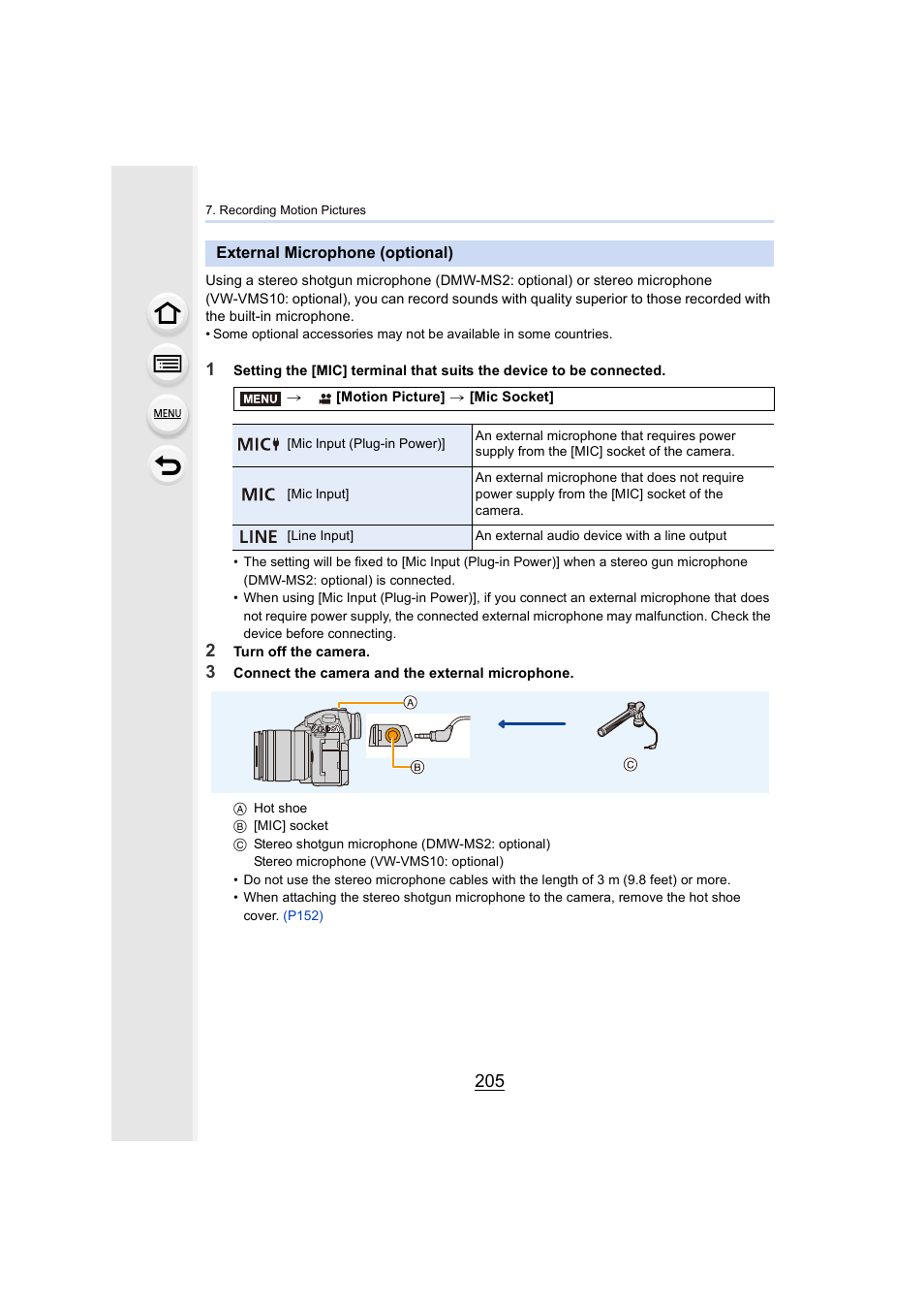 External microphone (optional), P205) | Panasonic Lumix GH5S Mirrorless Camera User Manual | Page 205 / 372