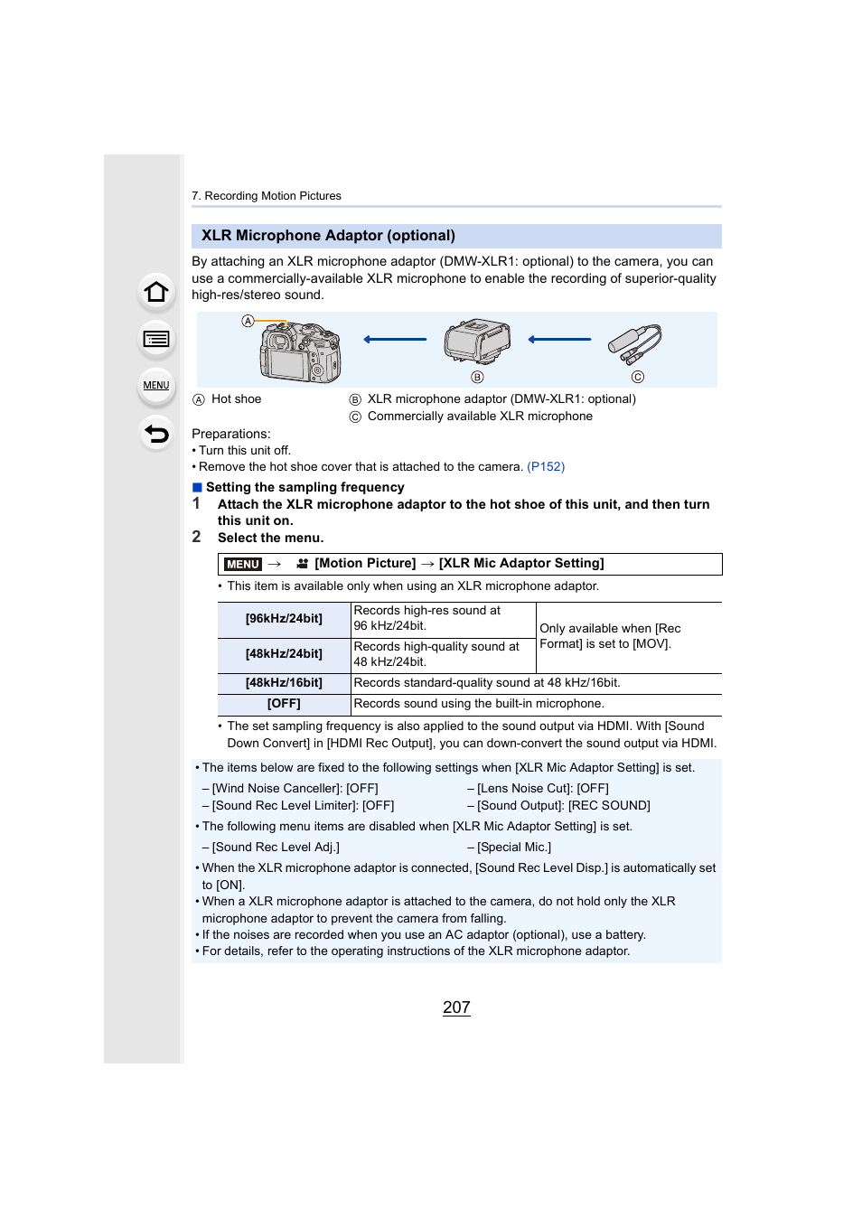 Xlr microphone adaptor (optional) | Panasonic Lumix GH5S Mirrorless Camera User Manual | Page 207 / 372