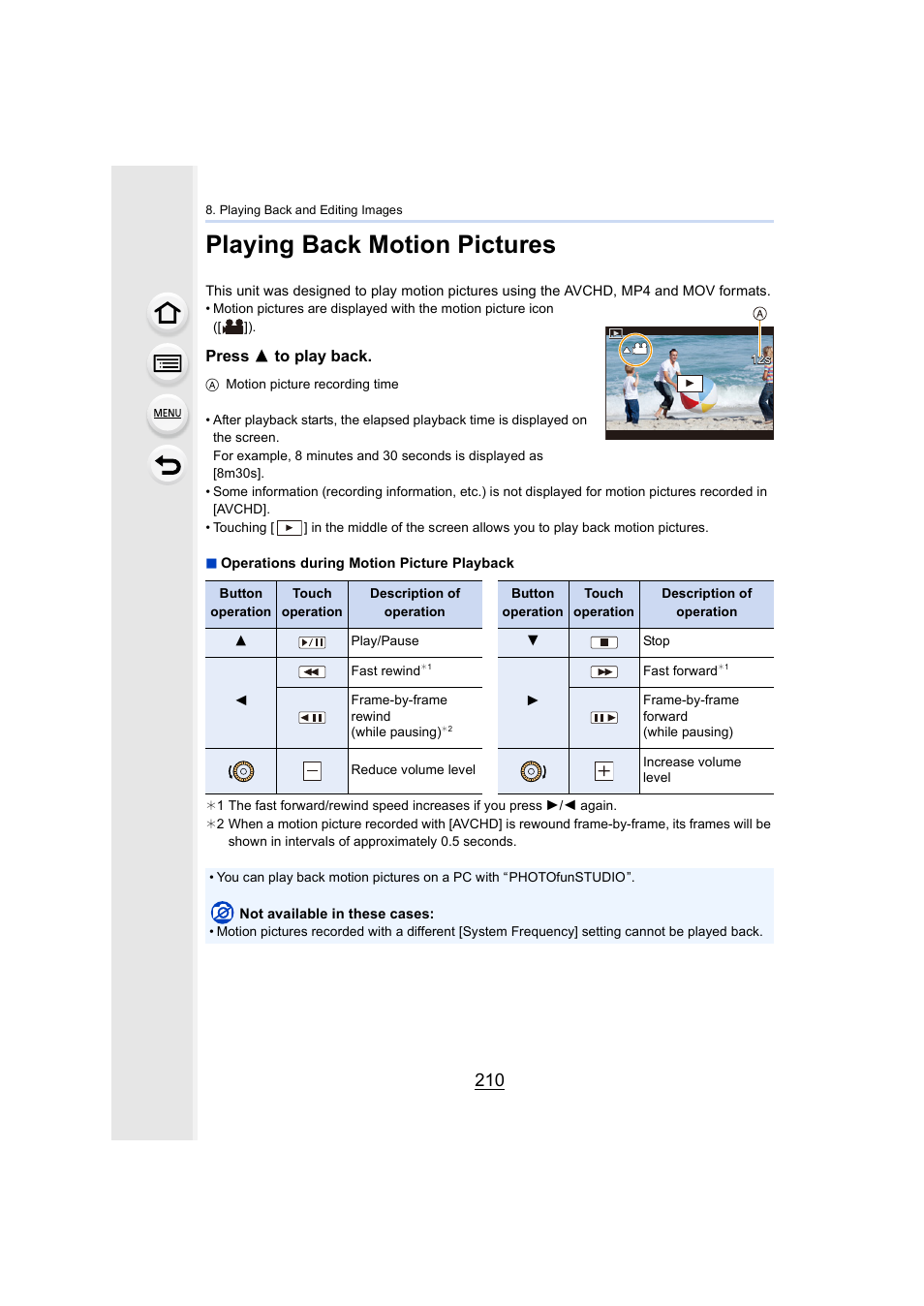 Playing back motion pictures, P210, Press 3 to play back | Panasonic Lumix GH5S Mirrorless Camera User Manual | Page 210 / 372