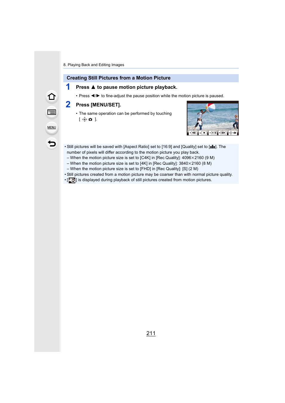 Creating still pictures from a motion picture | Panasonic Lumix GH5S Mirrorless Camera User Manual | Page 211 / 372