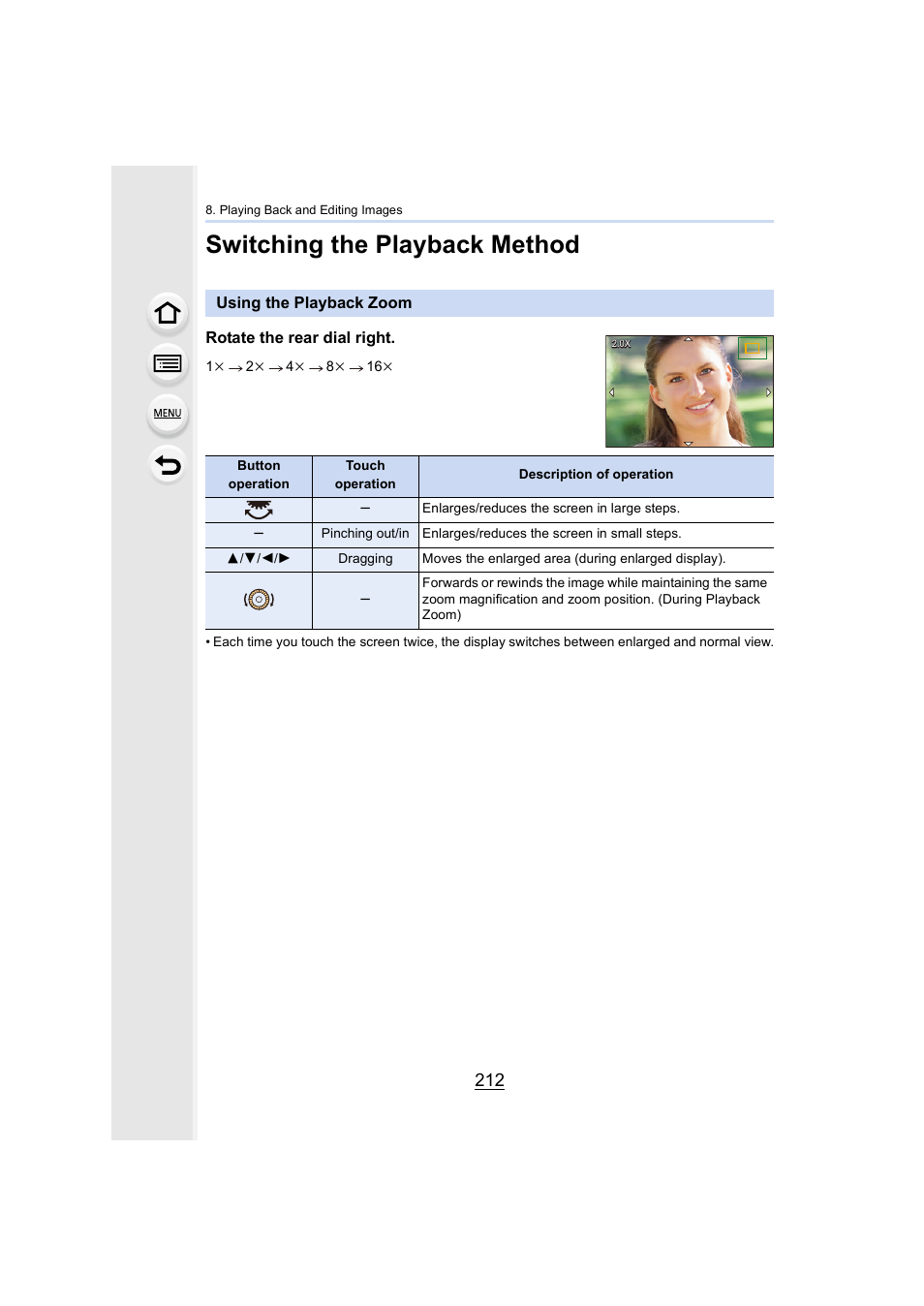 Switching the playback method, Using the playback zoom, P212 | Using the playback zoom rotate the rear dial right | Panasonic Lumix GH5S Mirrorless Camera User Manual | Page 212 / 372
