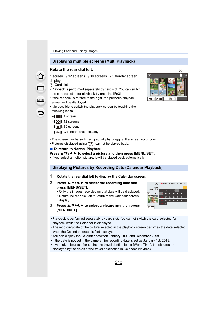 Displaying multiple screens (multi playback), P213 | Panasonic Lumix GH5S Mirrorless Camera User Manual | Page 213 / 372