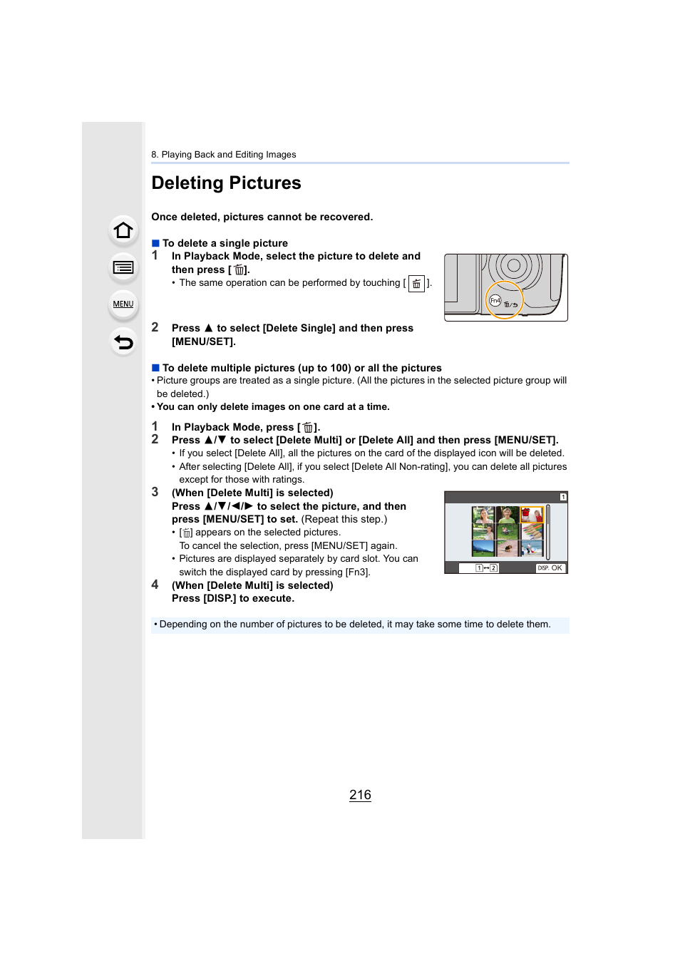 Deleting pictures, P216, Cancel) button | P216) | Panasonic Lumix GH5S Mirrorless Camera User Manual | Page 216 / 372