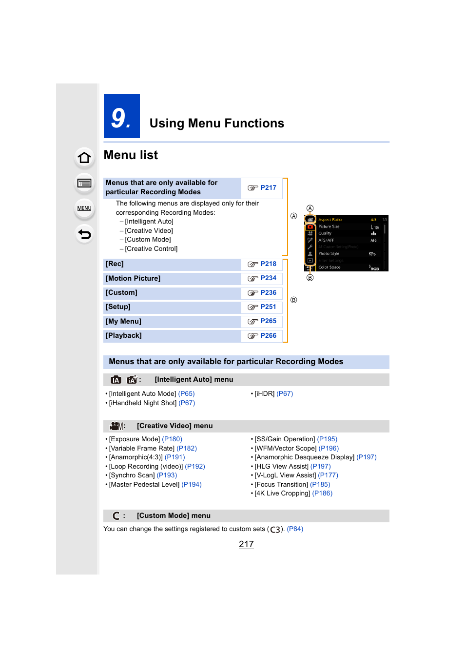 Using menu functions, Menu list, P217 | Using menu functions menu list | Panasonic Lumix GH5S Mirrorless Camera User Manual | Page 217 / 372