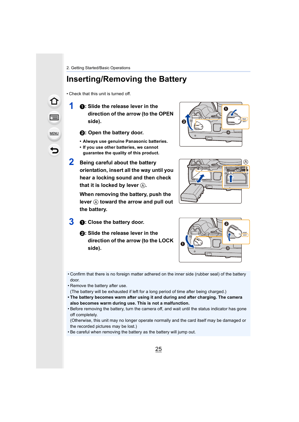 Inserting/removing the battery, P25) | Panasonic Lumix GH5S Mirrorless Camera User Manual | Page 25 / 372