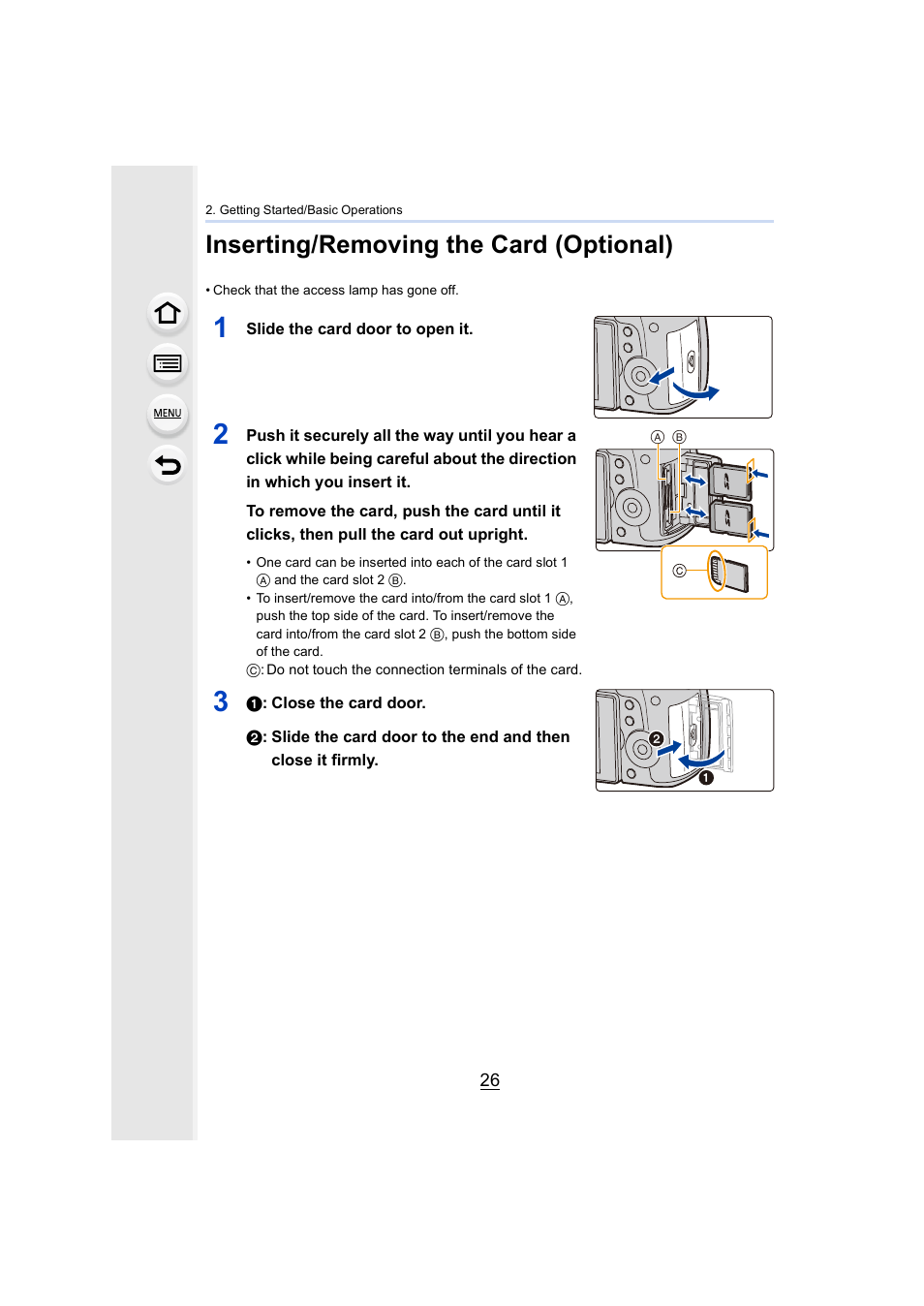 Inserting/removing the card (optional), P26) | Panasonic Lumix GH5S Mirrorless Camera User Manual | Page 26 / 372
