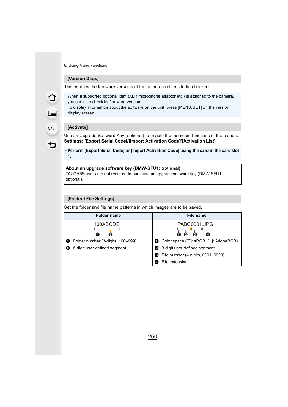 P260), 100abcde, Pabc0001.jpg | Panasonic Lumix GH5S Mirrorless Camera User Manual | Page 260 / 372