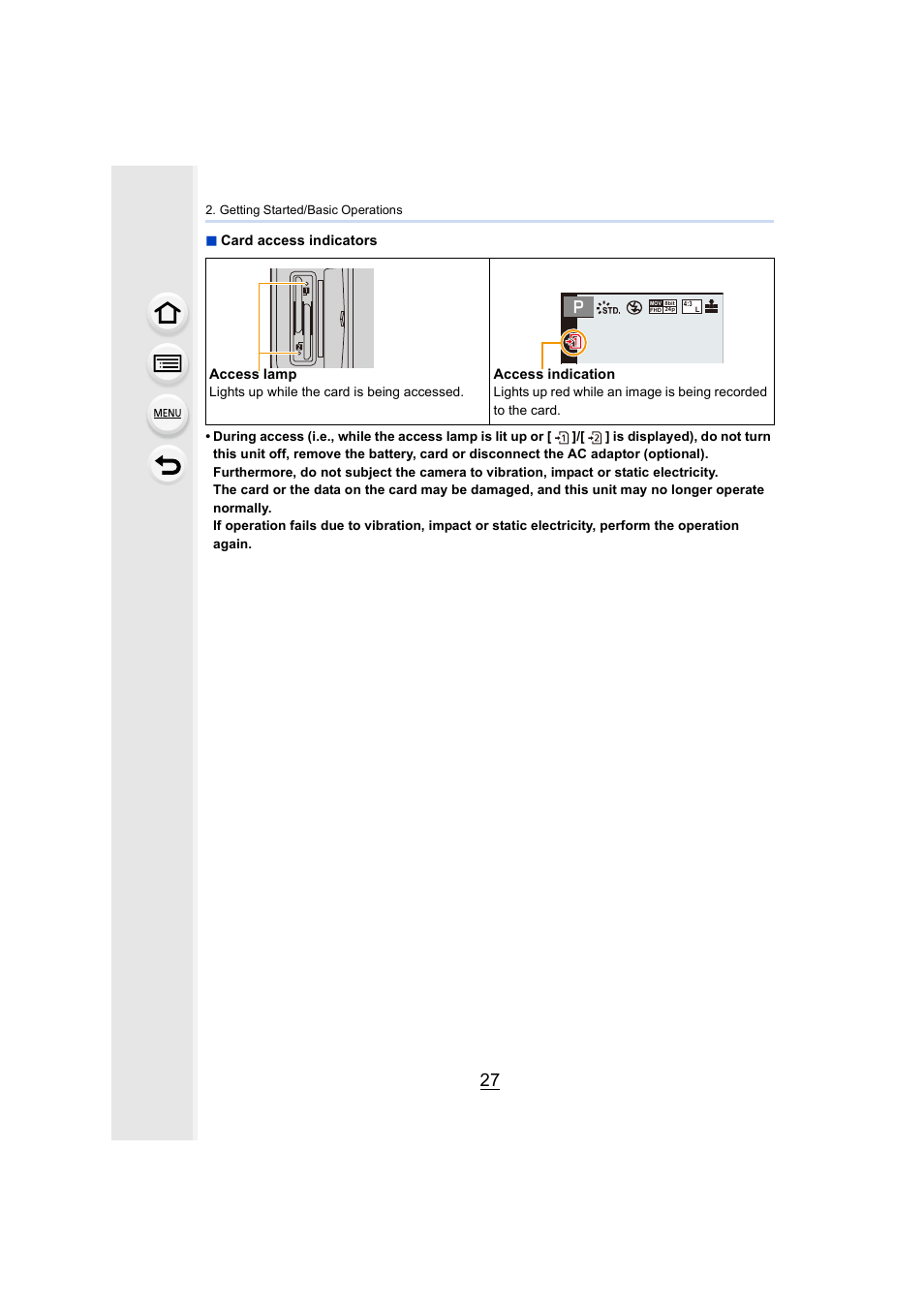 P27), Card access indicators, Access lamp | Access indication | Panasonic Lumix GH5S Mirrorless Camera User Manual | Page 27 / 372