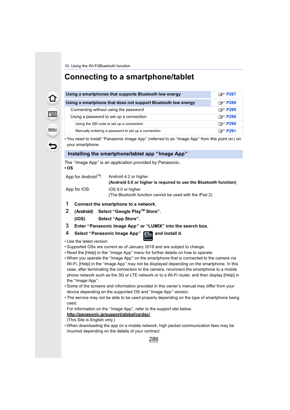 Connecting to a smartphone/tablet, Installing the smartphone/tablet app “ image app, Installing the smartphone/tablet app “image app | P286 | Panasonic Lumix GH5S Mirrorless Camera User Manual | Page 286 / 372
