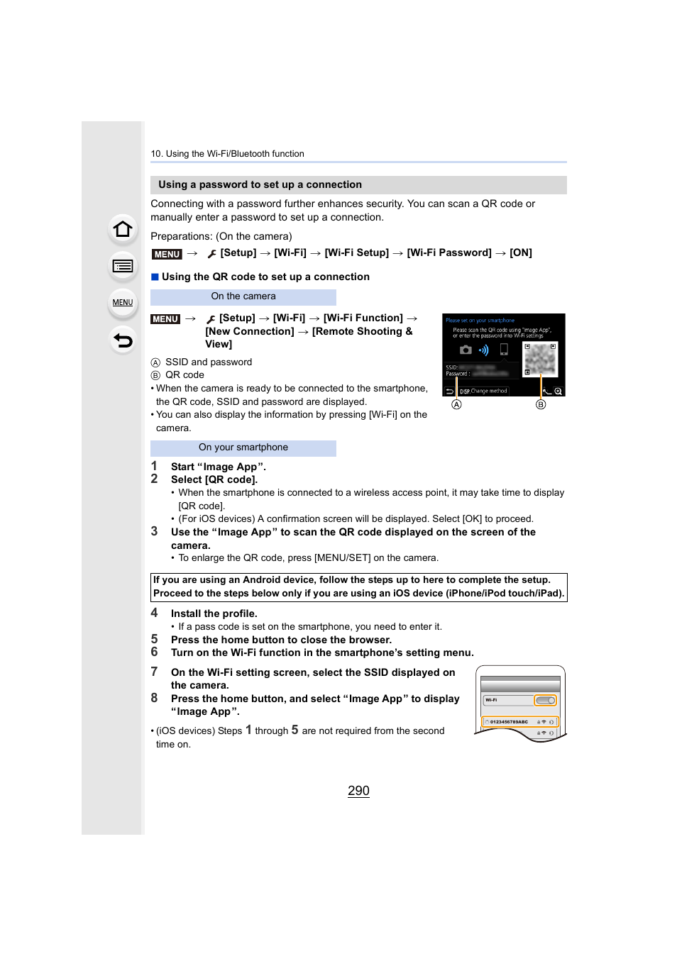 Using a password to set up a connection, P290, Using the qr code to set up a connection | Panasonic Lumix GH5S Mirrorless Camera User Manual | Page 290 / 372