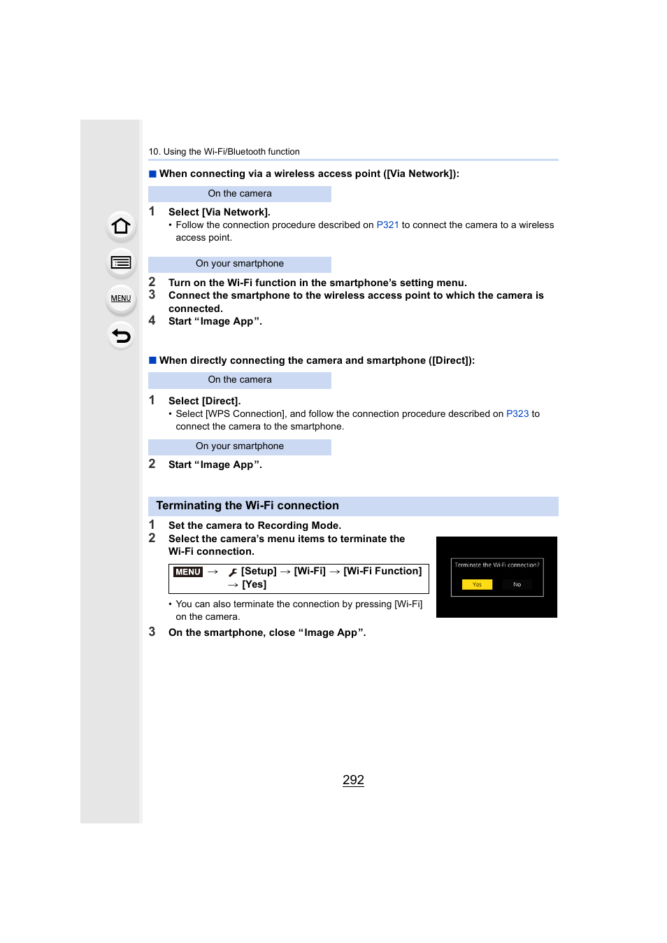 Terminating the wi-fi connection | Panasonic Lumix GH5S Mirrorless Camera User Manual | Page 292 / 372