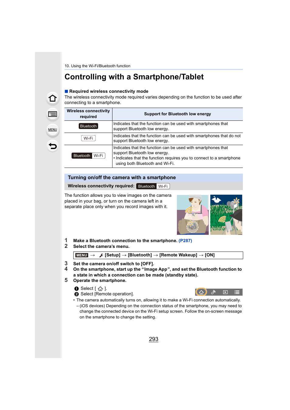 Controlling with a smartphone/tablet, Turning on/off the camera with a smartphone, P293 | P293) | Panasonic Lumix GH5S Mirrorless Camera User Manual | Page 293 / 372