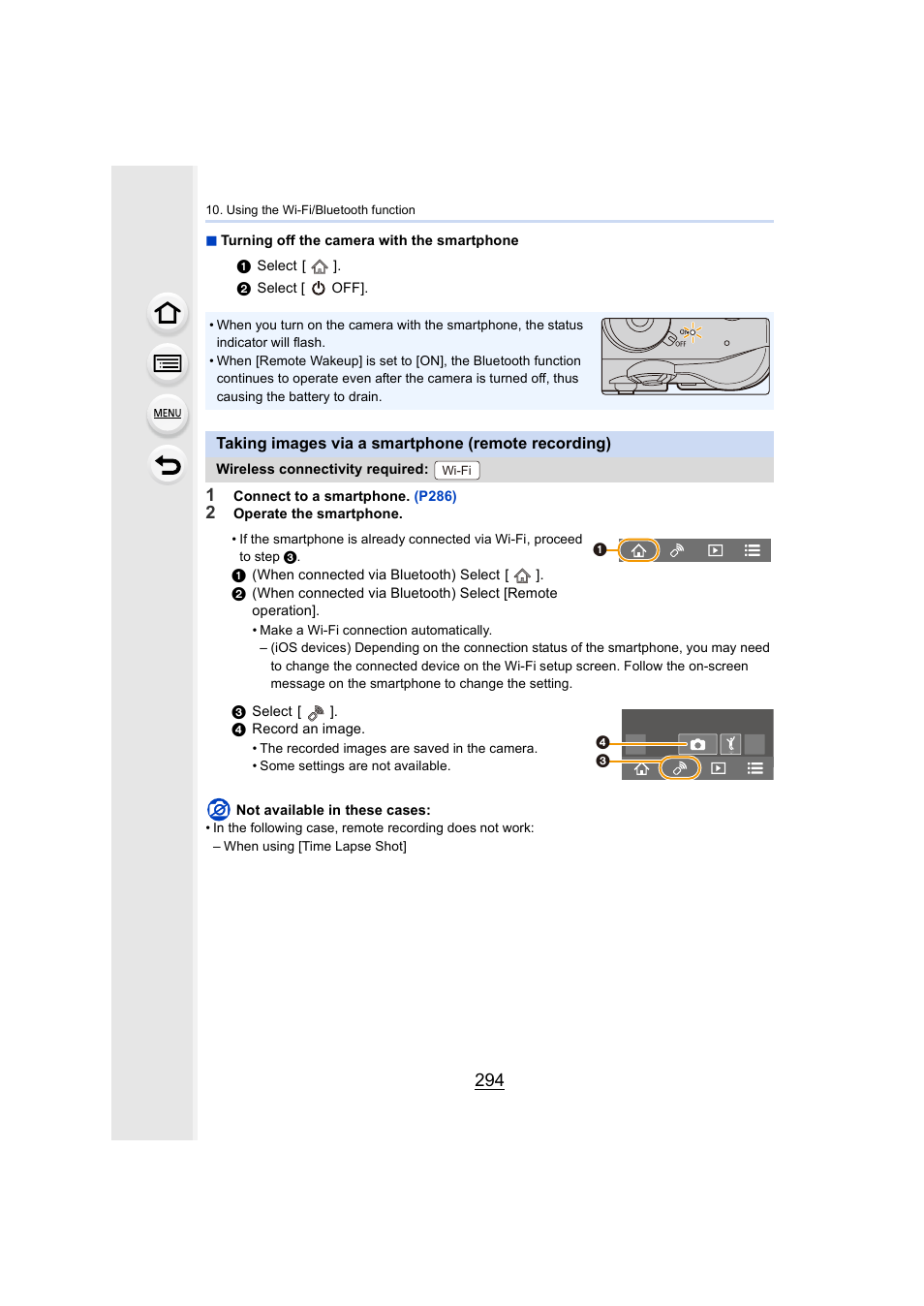 Taking images via a smartphone (remote recording), P294, P294) | Panasonic Lumix GH5S Mirrorless Camera User Manual | Page 294 / 372