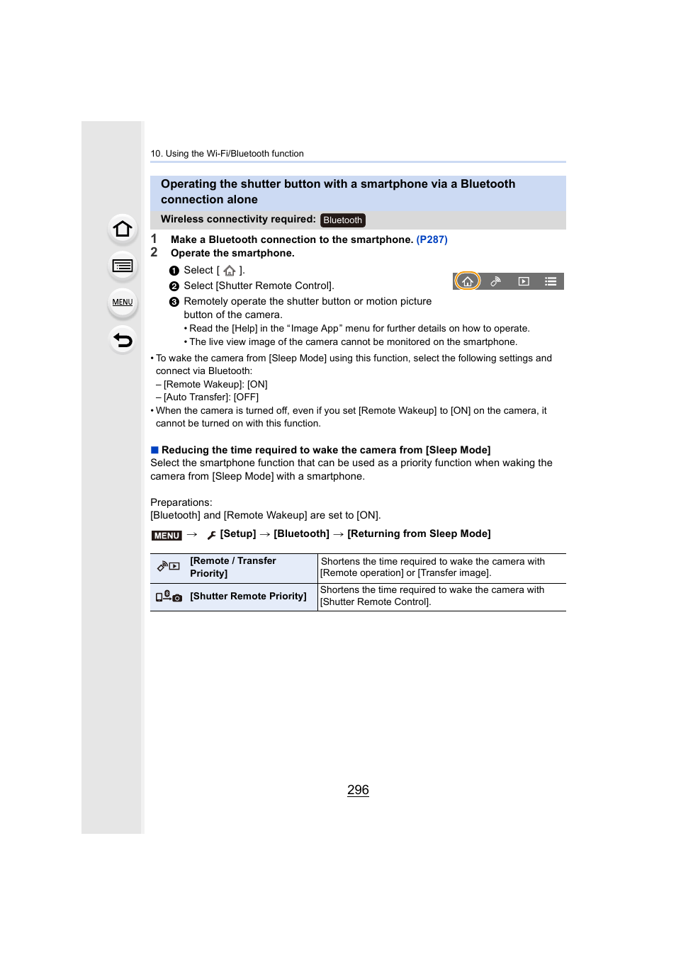 Operating the shutter button with a smartphone via, A bluetooth connection alone, P296 | P296) | Panasonic Lumix GH5S Mirrorless Camera User Manual | Page 296 / 372