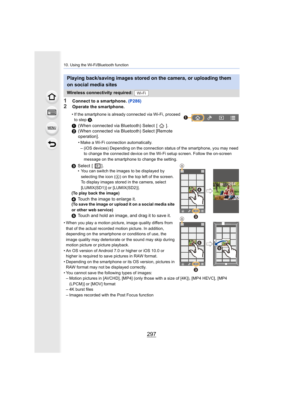Playing back/saving images stored on the camera, Or uploading them on social media sites, P297) | Panasonic Lumix GH5S Mirrorless Camera User Manual | Page 297 / 372