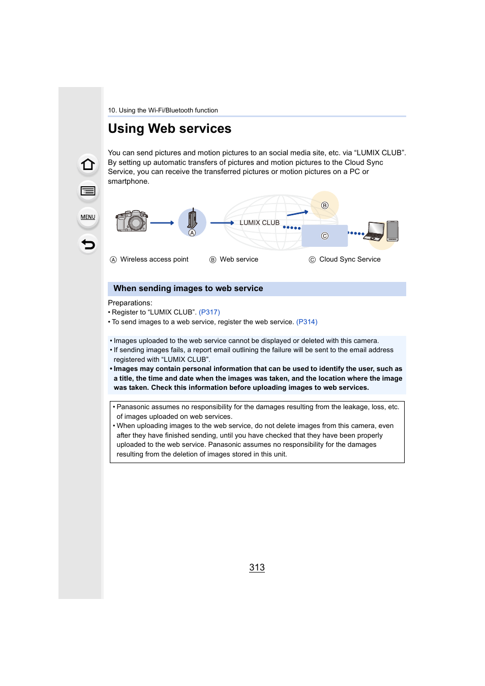 Using web services, When sending images to web service, P313 | P313) | Panasonic Lumix GH5S Mirrorless Camera User Manual | Page 313 / 372