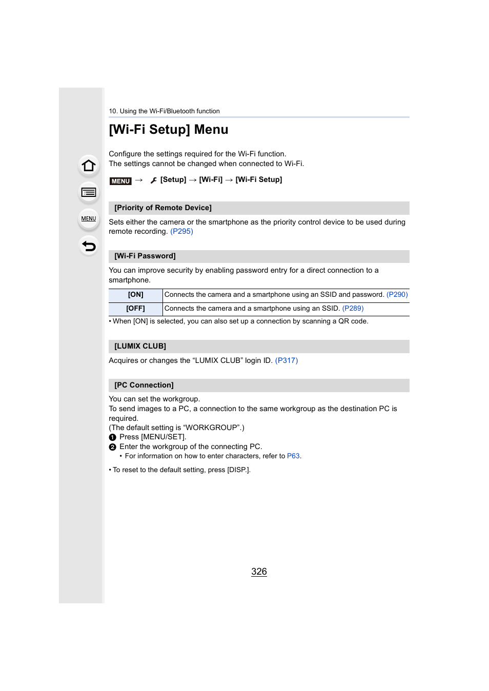 Wi-fi setup] menu, P326, P326) | Panasonic Lumix GH5S Mirrorless Camera User Manual | Page 326 / 372