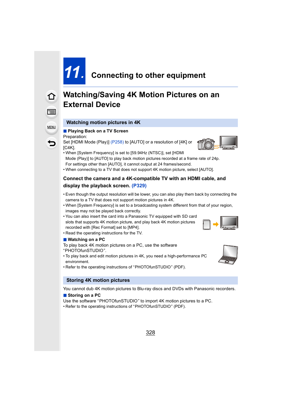 Connecting to other equipment, Watching motion pictures in 4k, Storing 4k motion pictures | P328 | Panasonic Lumix GH5S Mirrorless Camera User Manual | Page 328 / 372