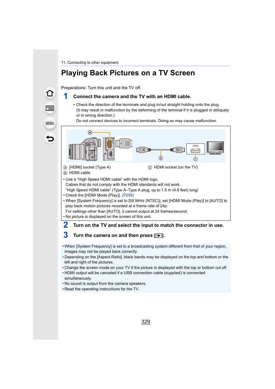 Playing back pictures on a tv screen, P329, P329) | Panasonic Lumix GH5S Mirrorless Camera User Manual | Page 329 / 372