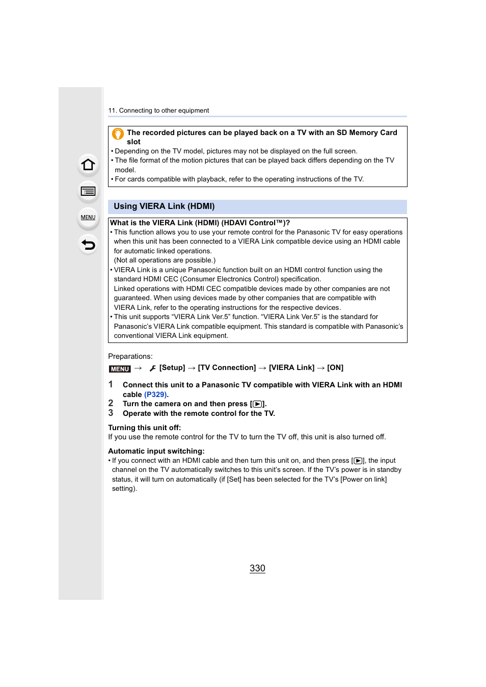 Using viera link (hdmi), P330 | Panasonic Lumix GH5S Mirrorless Camera User Manual | Page 330 / 372