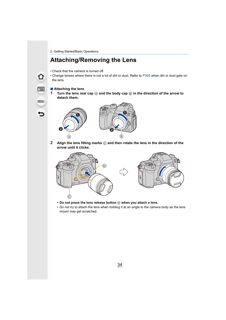 Attaching/removing the lens, P34) | Panasonic Lumix GH5S Mirrorless Camera User Manual | Page 34 / 372