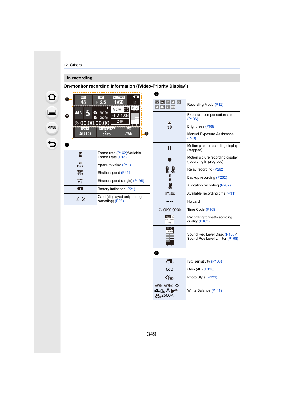 P349), Auto, 8m30s | Panasonic Lumix GH5S Mirrorless Camera User Manual | Page 349 / 372