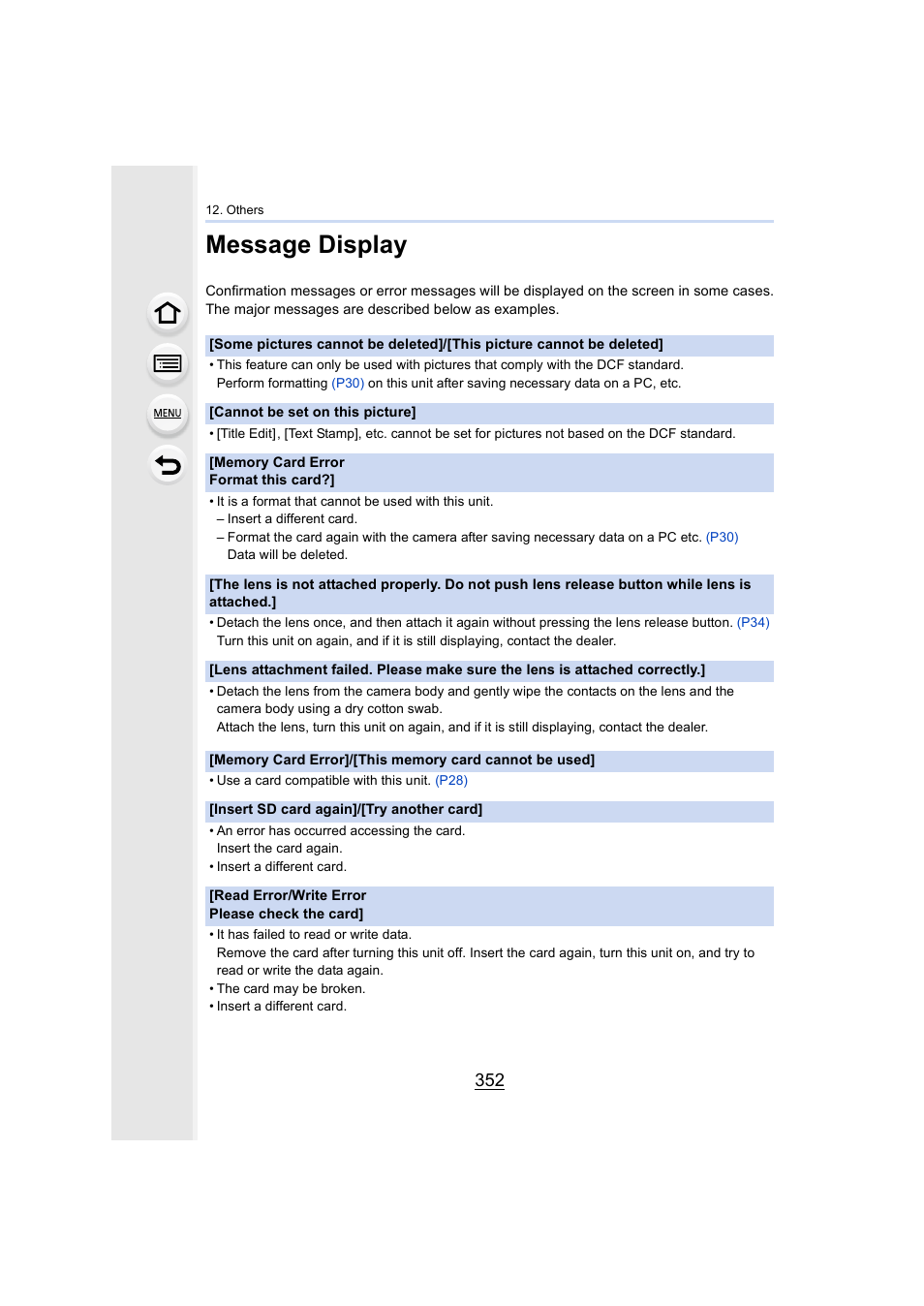 Message display, P352, P352) | Panasonic Lumix GH5S Mirrorless Camera User Manual | Page 352 / 372