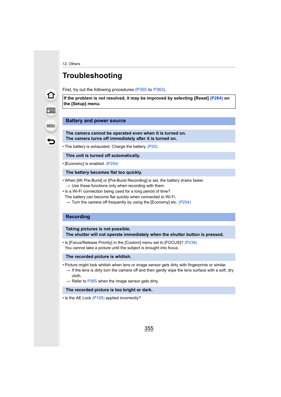 Troubleshooting, P355, P355) | Panasonic Lumix GH5S Mirrorless Camera User Manual | Page 355 / 372