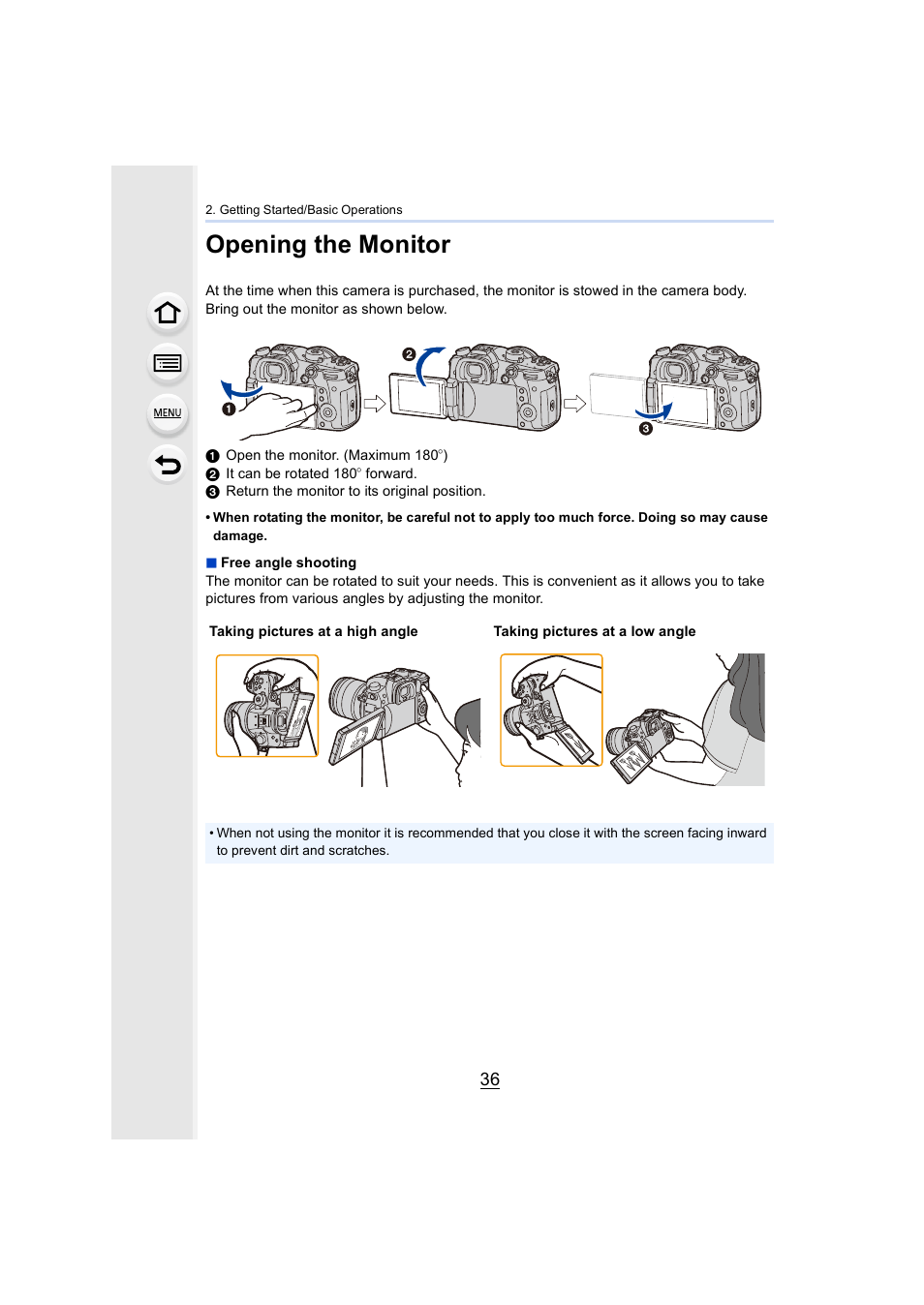 Opening the monitor | Panasonic Lumix GH5S Mirrorless Camera User Manual | Page 36 / 372