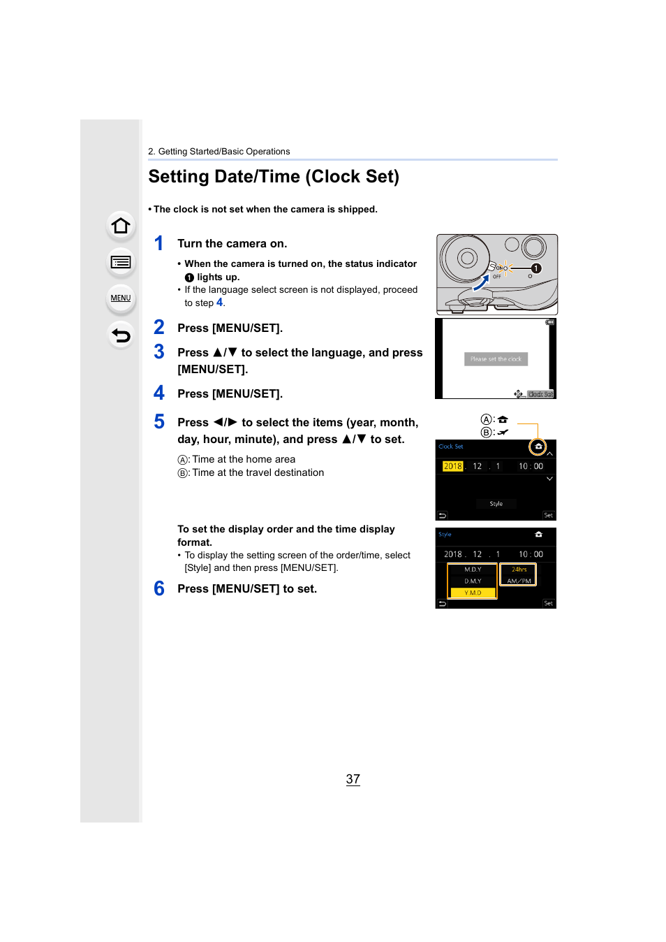 Setting date/time (clock set), P37) | Panasonic Lumix GH5S Mirrorless Camera User Manual | Page 37 / 372