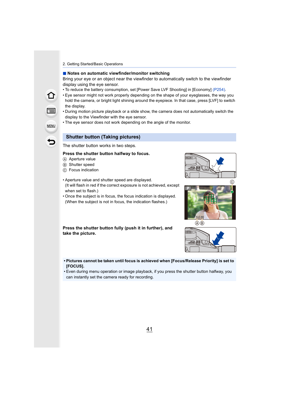 Shutter button (taking pictures), P41), E sensor | Panasonic Lumix GH5S Mirrorless Camera User Manual | Page 41 / 372